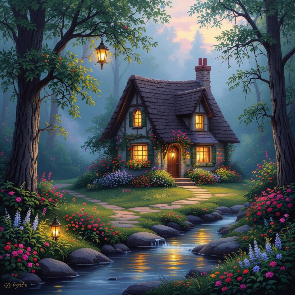 Enchanted Forest Cottage Landscape in Dreamy Impressionistic...