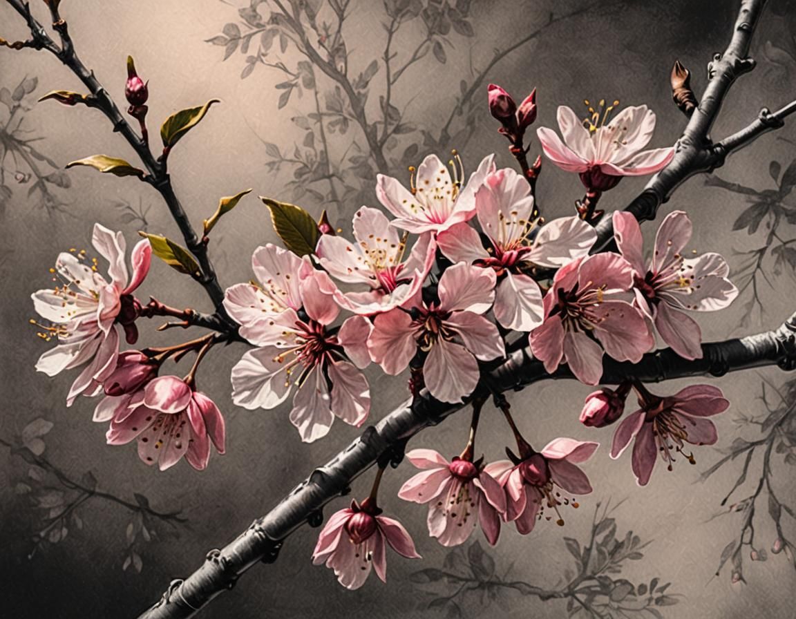 Detailed Charcoal Drawing of Cherry Tree Branch