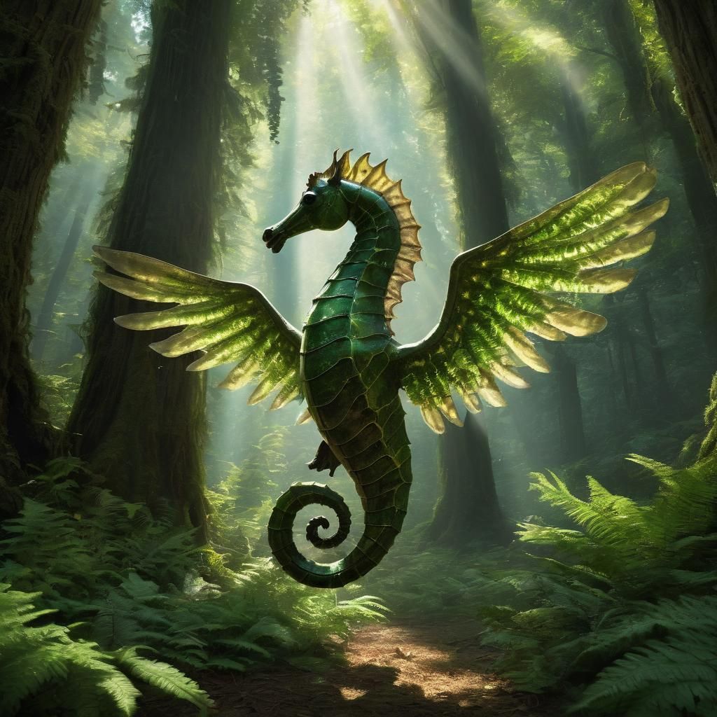 Winged Seahorse Soaring Through Ancient Forest