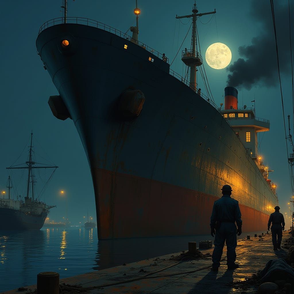 Nighttime Shipyard Scene with Workers