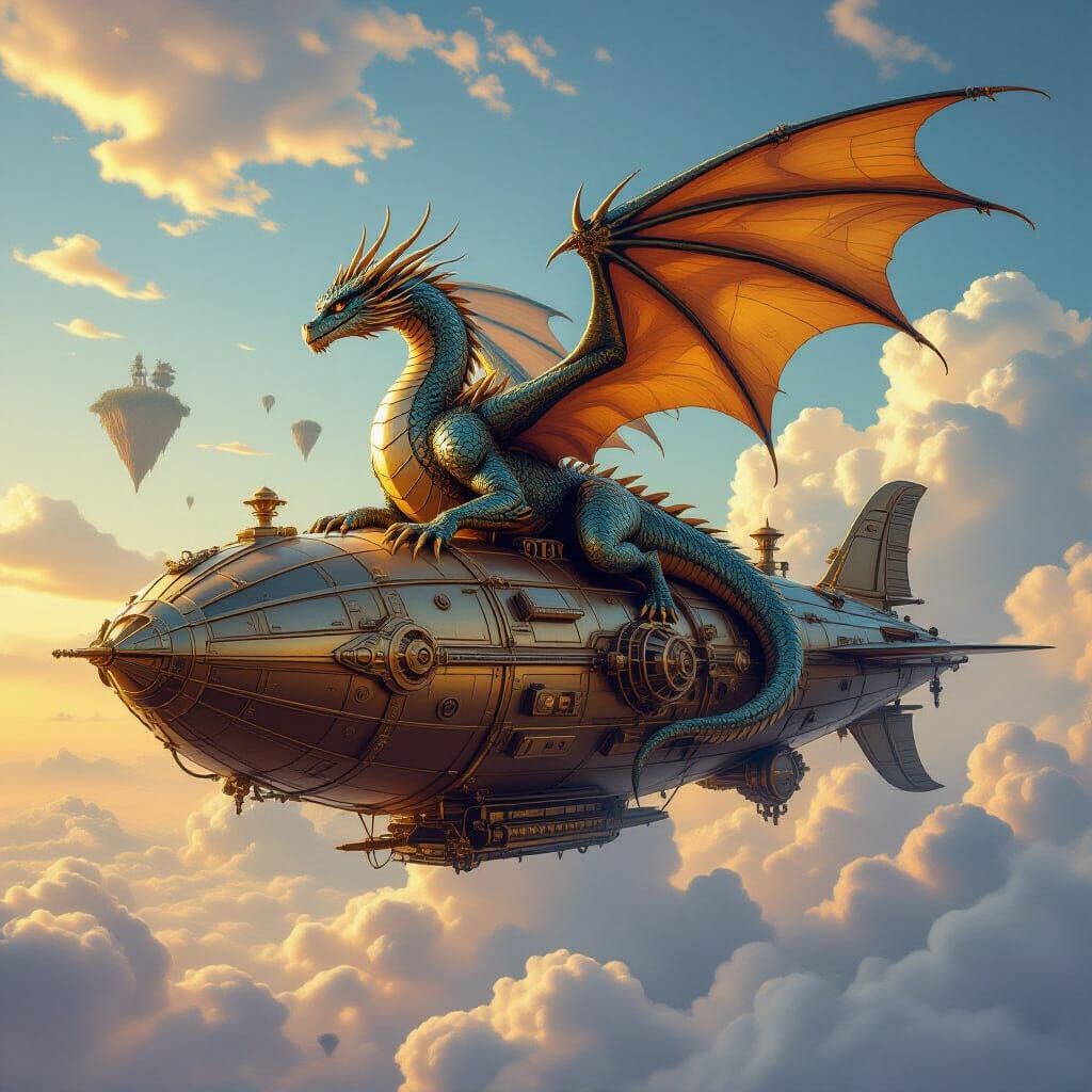 Metallic Feathered Dragon on Gear-Laden Airship