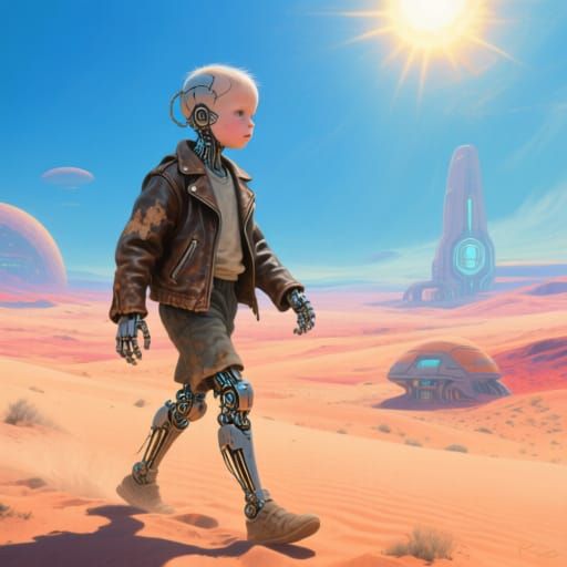 Cyborg Child in Alien Desert, Futuristic Concept Art
