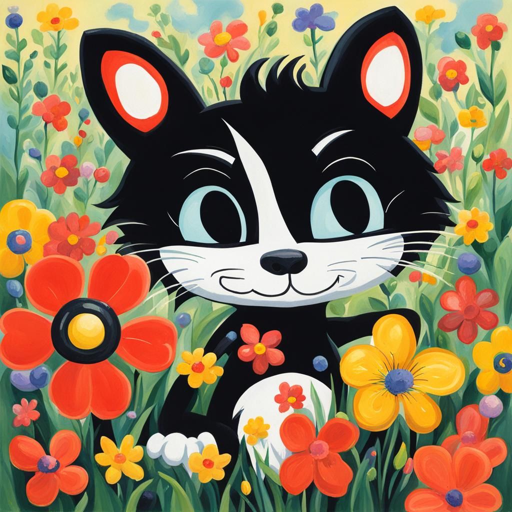 Felix the Cat Surrounded by Spring Flowers