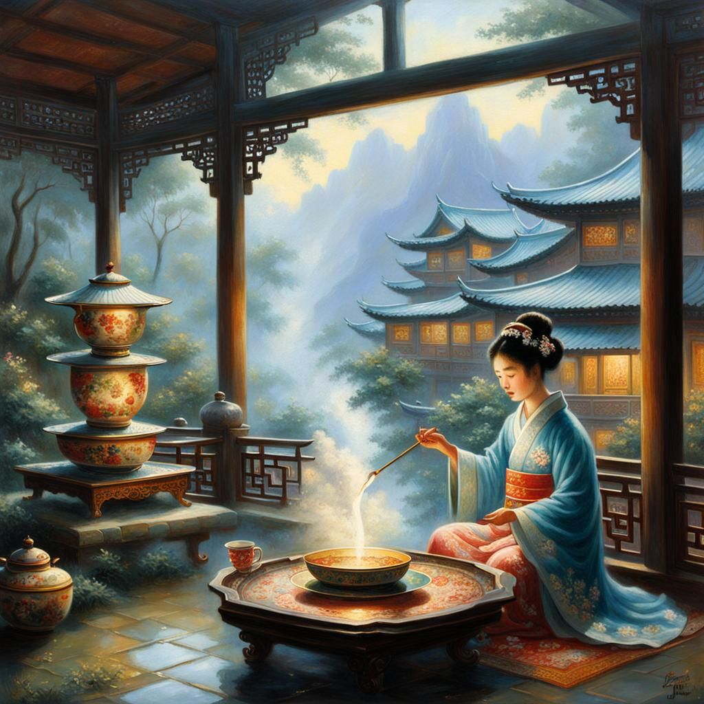Ethereal Geisha Tea Ceremony: Luminist Oil Painting