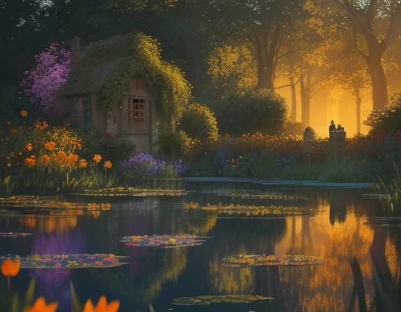 Cotswold Bibury Gardens Reflecting Neo-Impressionism