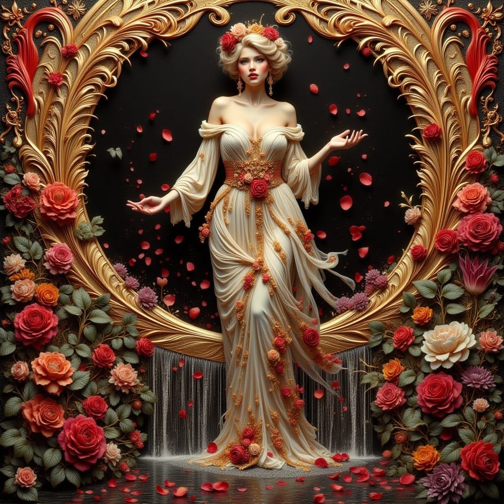 Woman Releasing Rose Petals in Art Nouveau Style