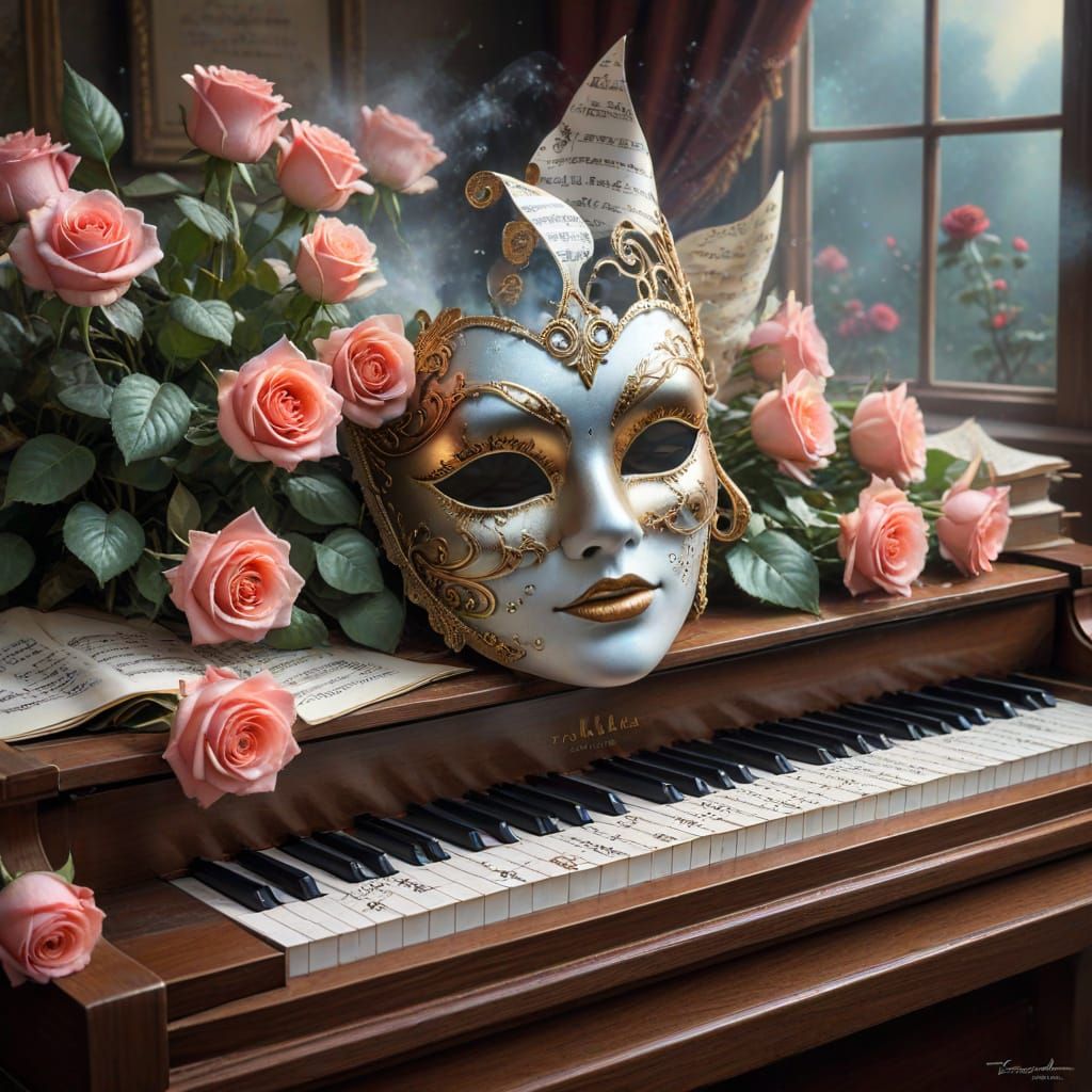 Masquerade Masks on Grand Piano with Roses