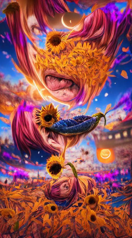 Sunflower Swallowing Sun in Anime Post-Impressionism