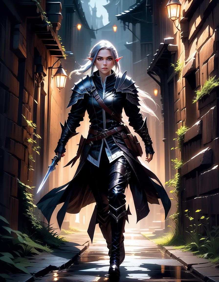 Elf Rogue in Dark Alley: Fantasy Art Portrait