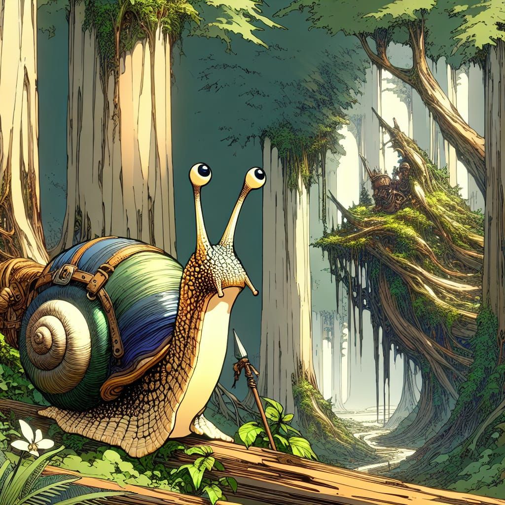 Snail Adventurer in Anime-Inspired Fantasy Forest