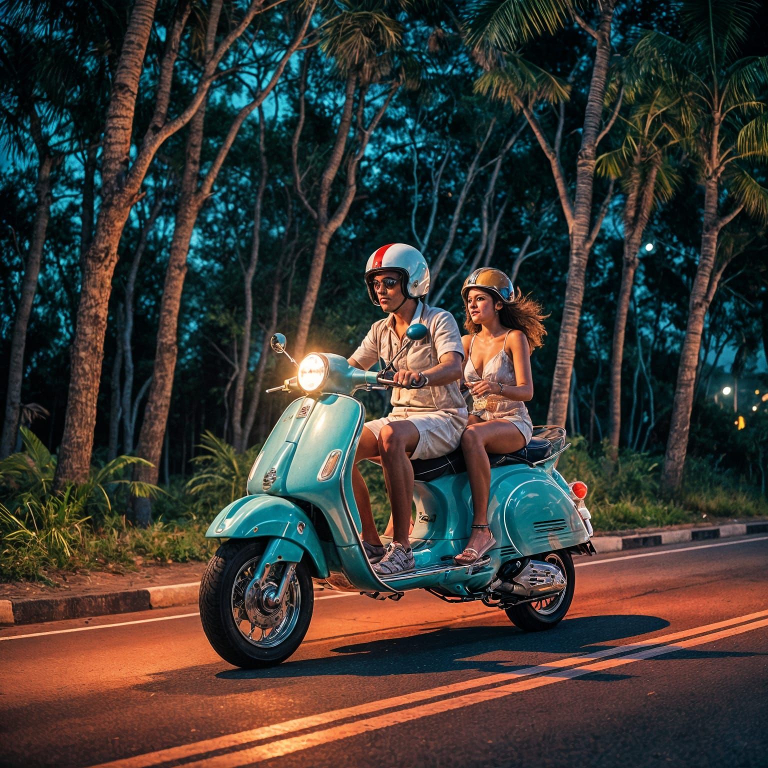 Vespa Riders at Night on Miami Beach Road