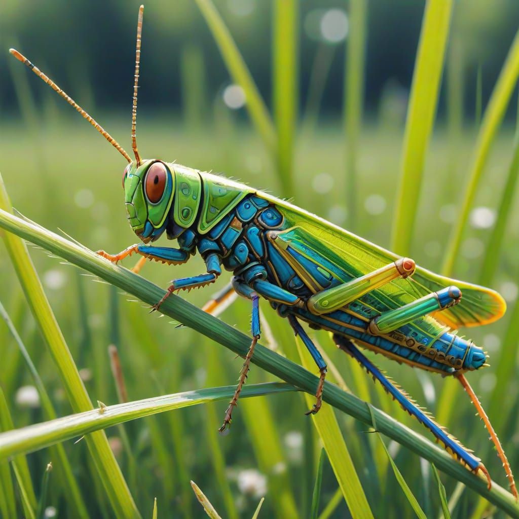 Macro Grasshopper on Grass Stalk