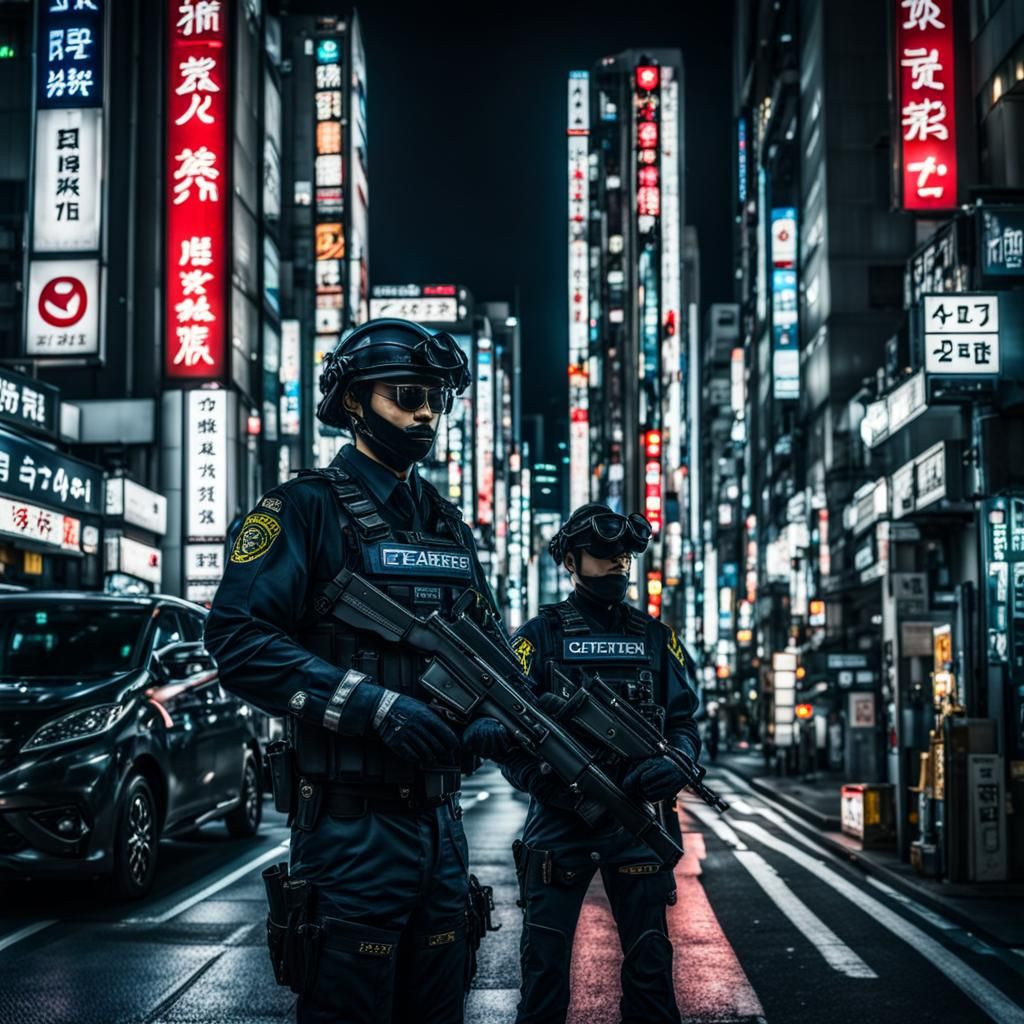Hyperrealistic Cyber Cop in Tokyo at Night