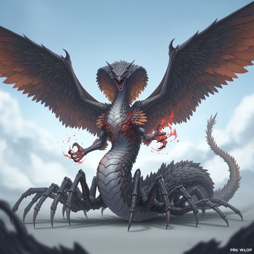 Colossal Feathered Avian Cobra Kaijus Wielding Demonic Magic