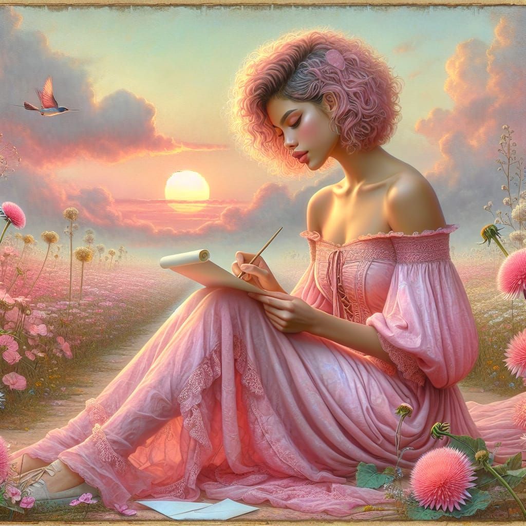 Romantic Pink Portrait in Watercolor Style