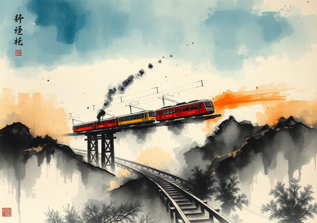 Train in the Sky: Ink Splatter Chinese Art