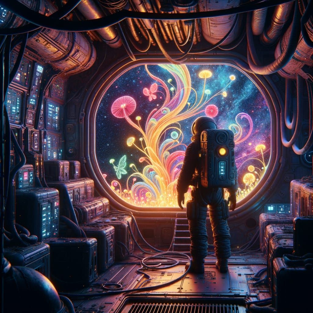 Astronaut Tends Bioluminescent Garden in Abandoned Spaceship