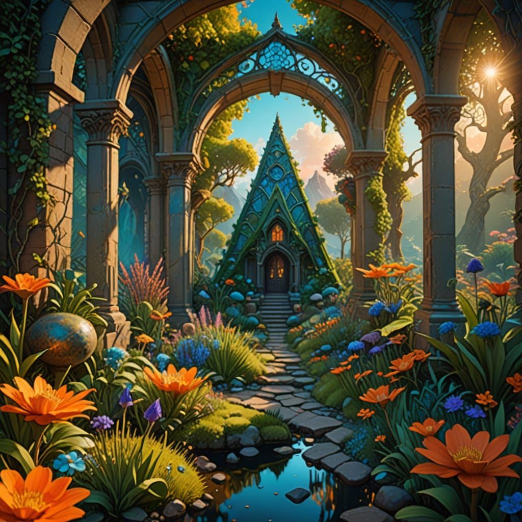 Exquisite Sunrise Garden with Gothic Archways and Mirror Glo...