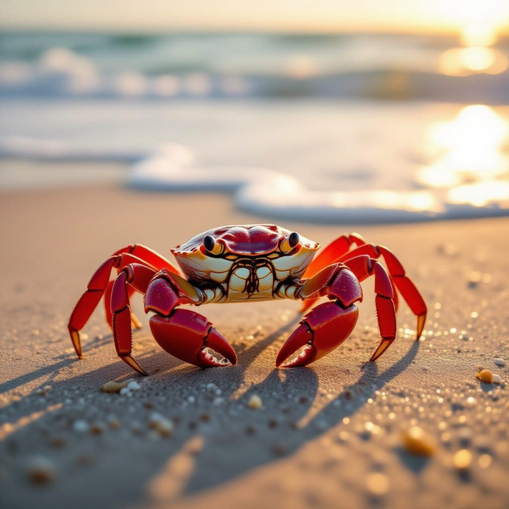 Vibrant Red Crab on Sandy Beach at Golden Hour