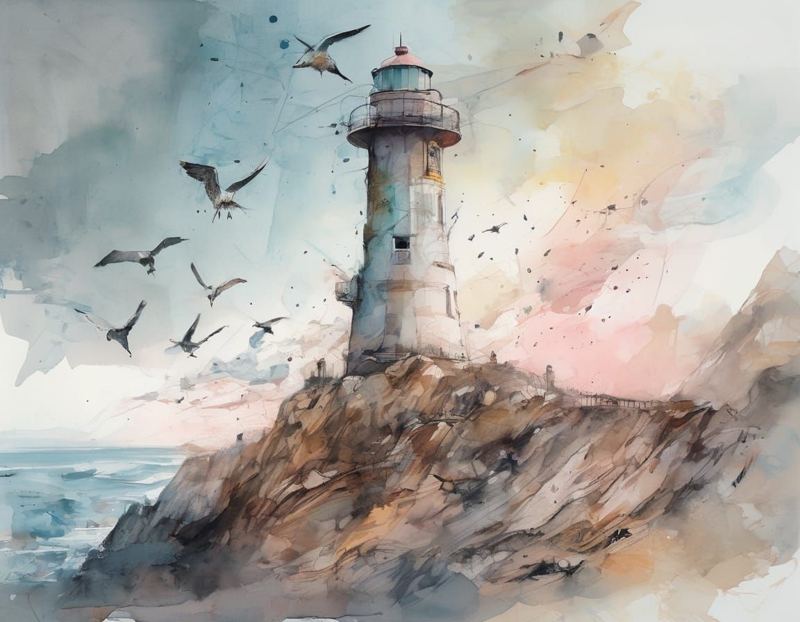 Enchanting Coastal Lighthouse Amidst Rugged Cliffs in Pastel...