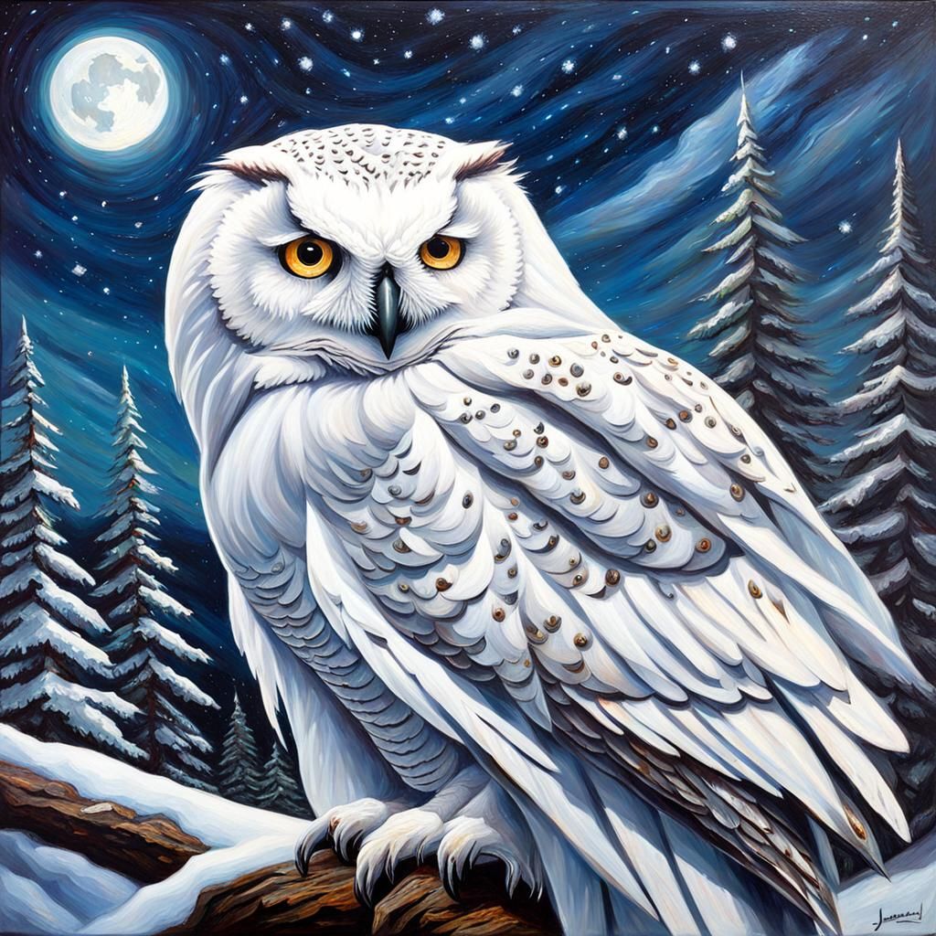 Victorian Snow Owl Portrait Under Moonlight