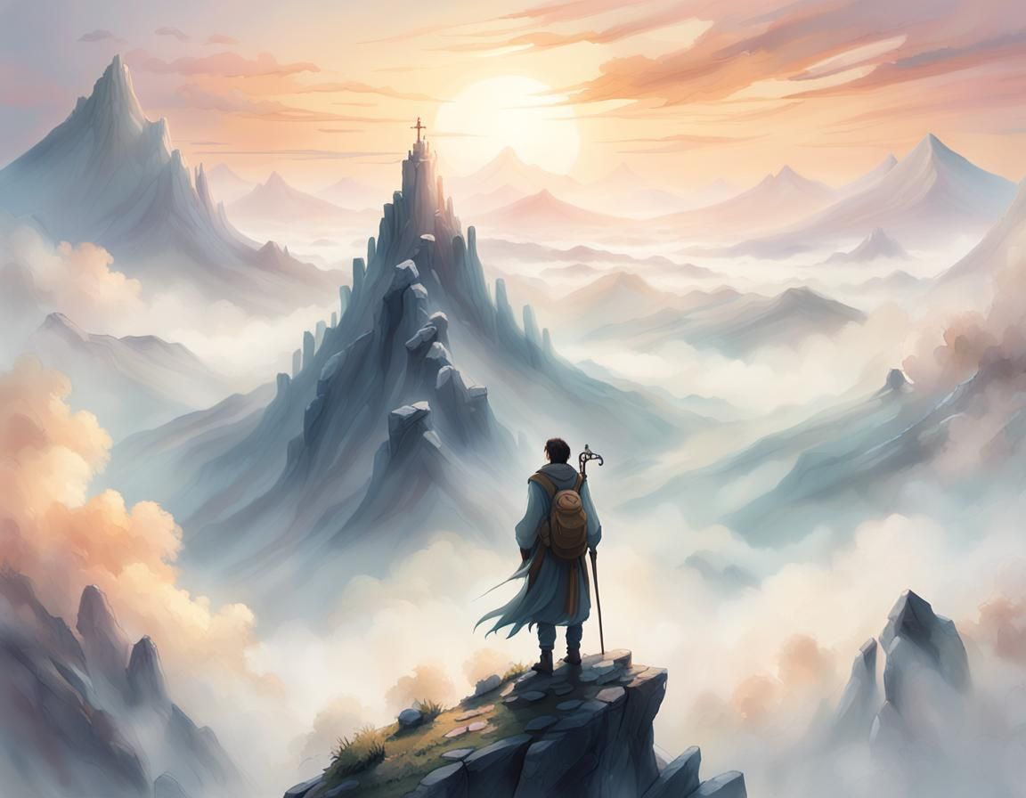 Mystical Mountain Traveler at Dawn in High Fantasy