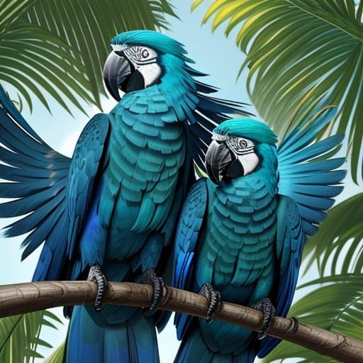 Blue Macaws Fly Over Rio in Vibrant Digital Art