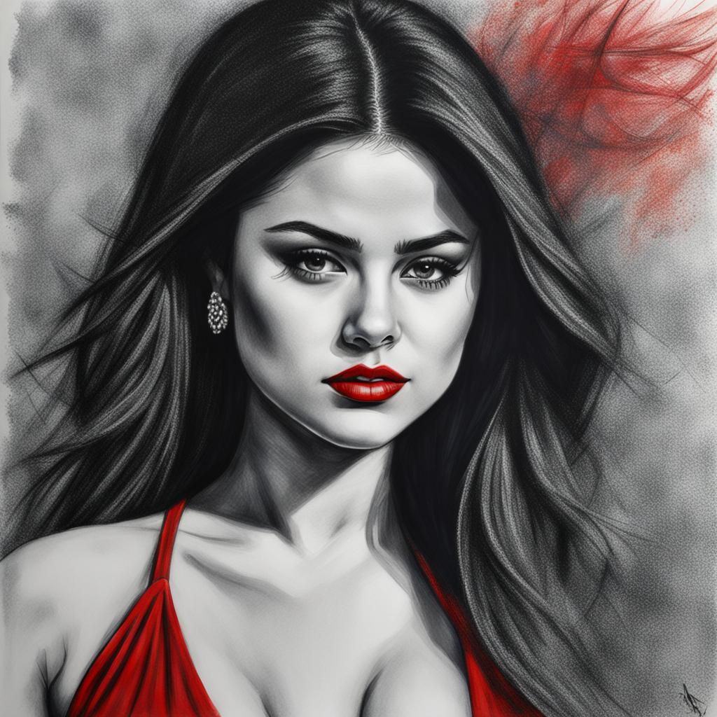 Charcoal Drawing of Woman in Red Bikini