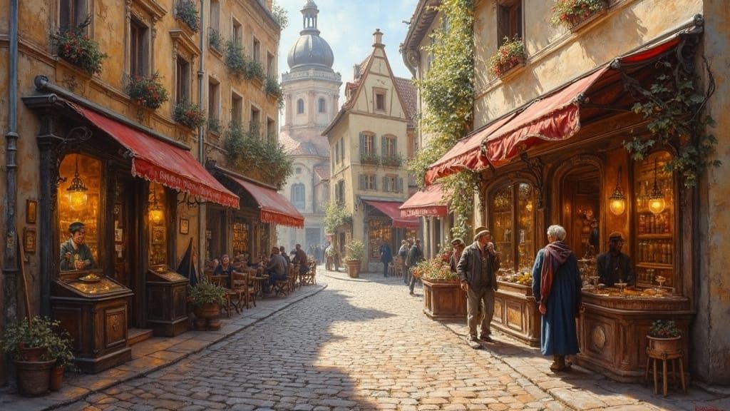 Renaissance Oil Painting of a Bustling European Neighborhood