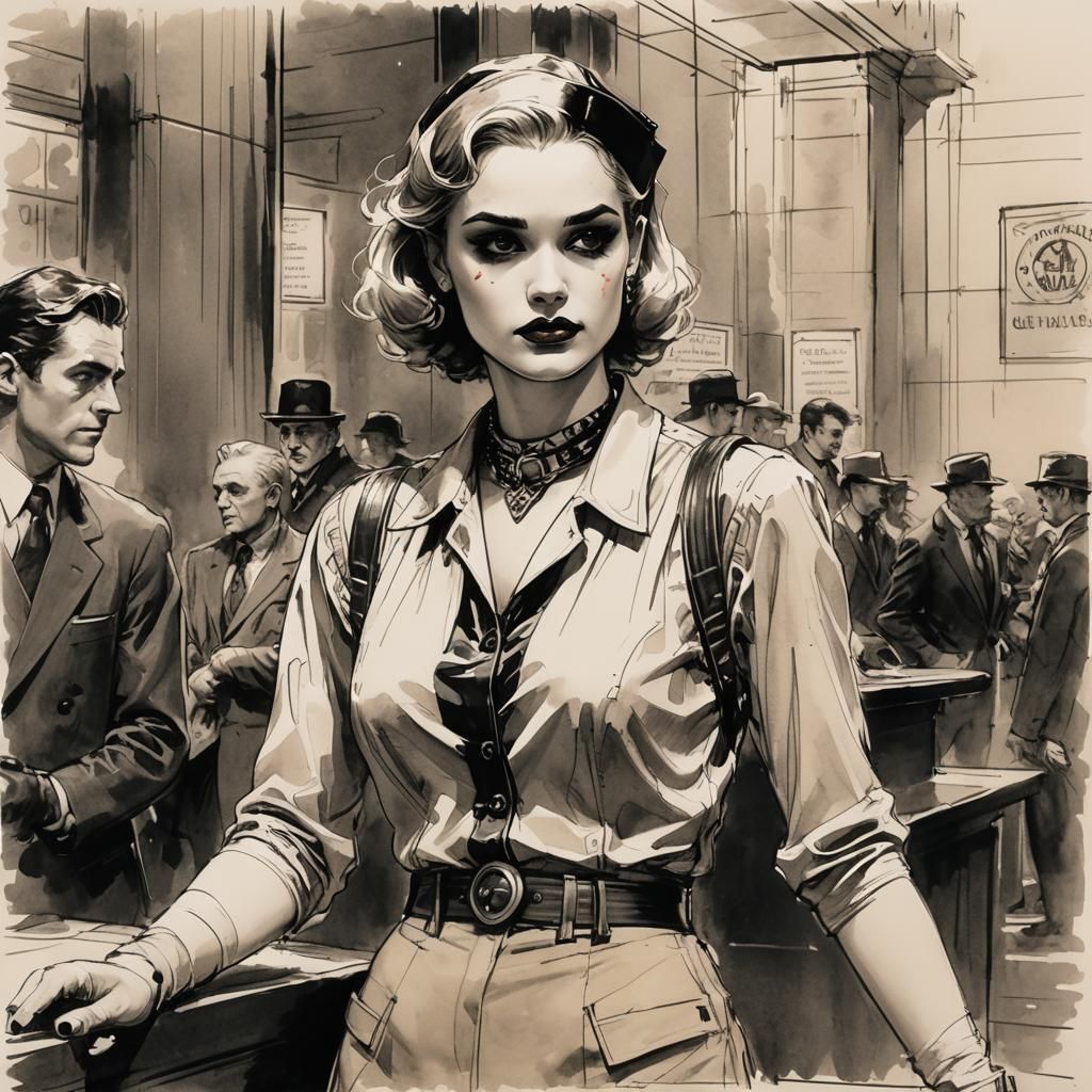 Harley Quinn in Art Deco Gotham Bank: Vintage Sketch