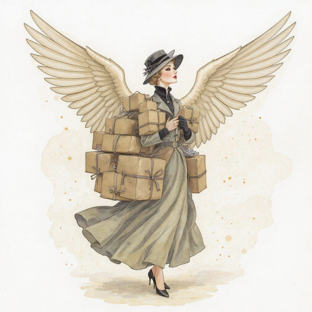 Winged Woman Delivers Packages: Vintage Watercolor Art