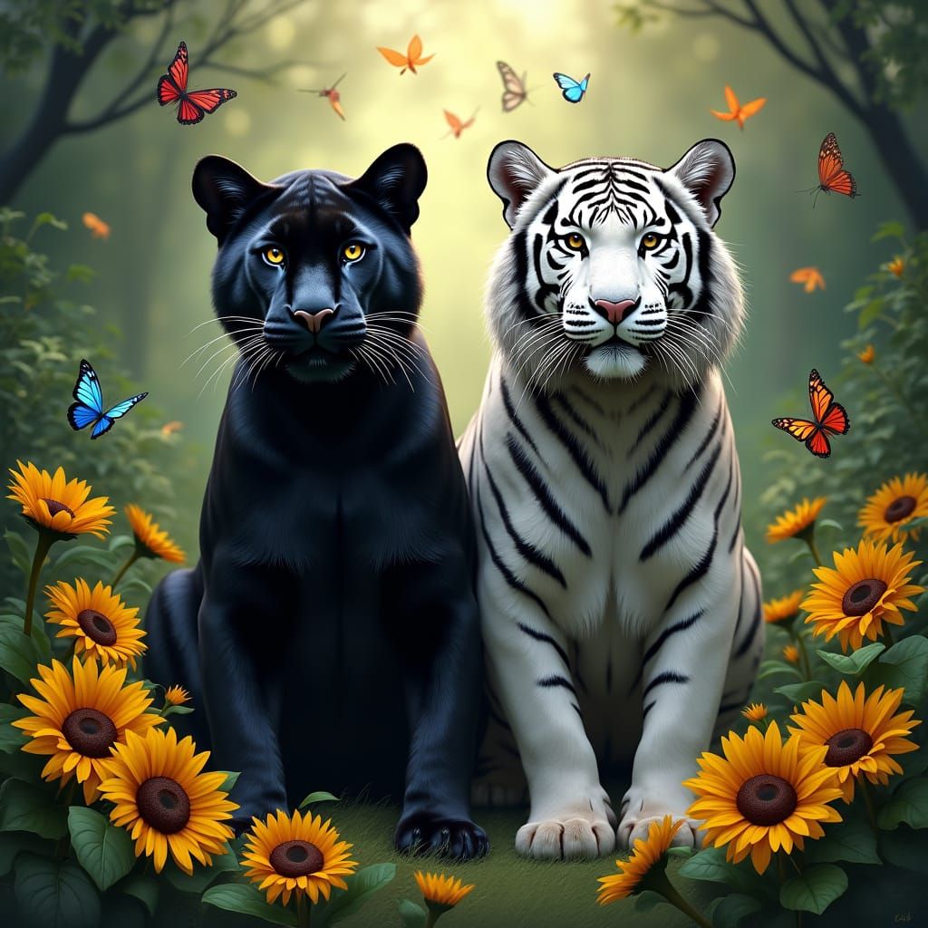 Panther and Tiger in Rainforest with Butterflies