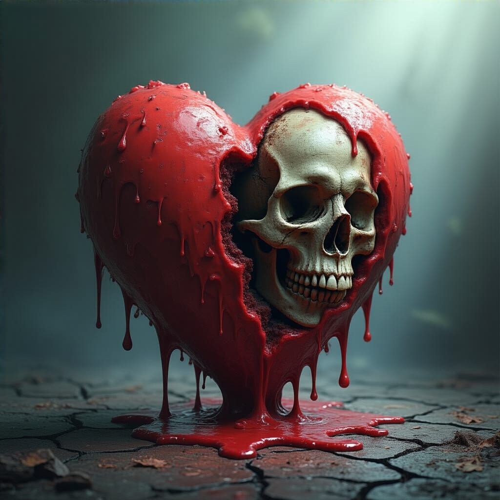 Surreal Red Heart Skull in Dark Fantasy Style