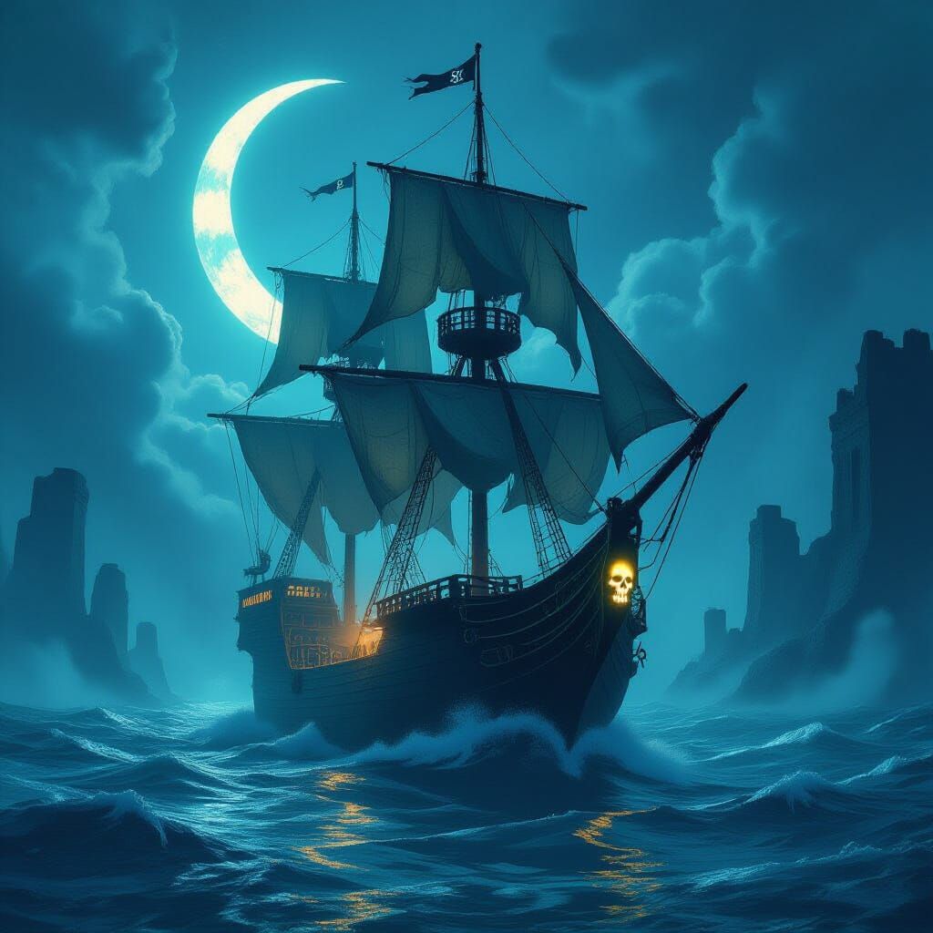 Ghostly Pirate Ship Rising from Bioluminescent Waves