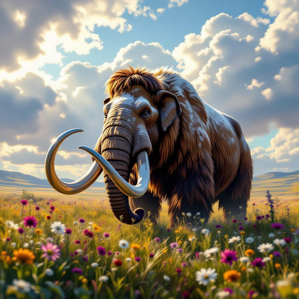 Majestic Woolly Mammoth in Wildflower Field