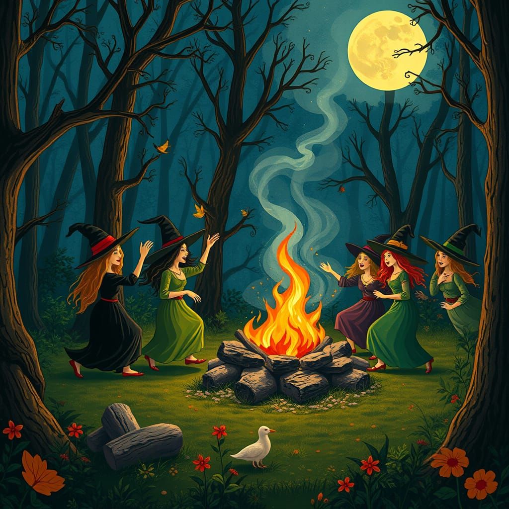 Witches Partying in Moonlit Forest Clearing