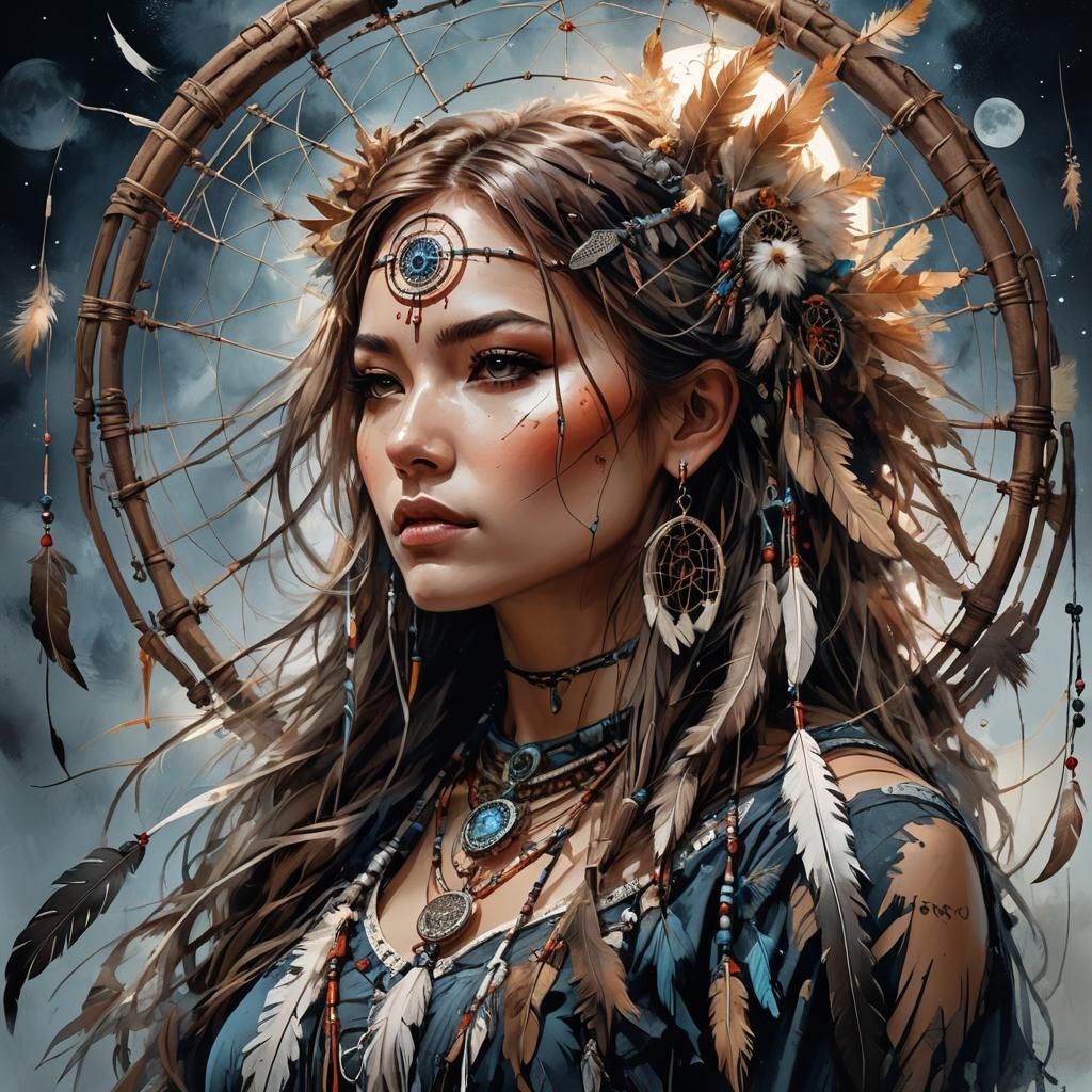Dreamcatcher Girl Portrait in Surreal Digital Painting