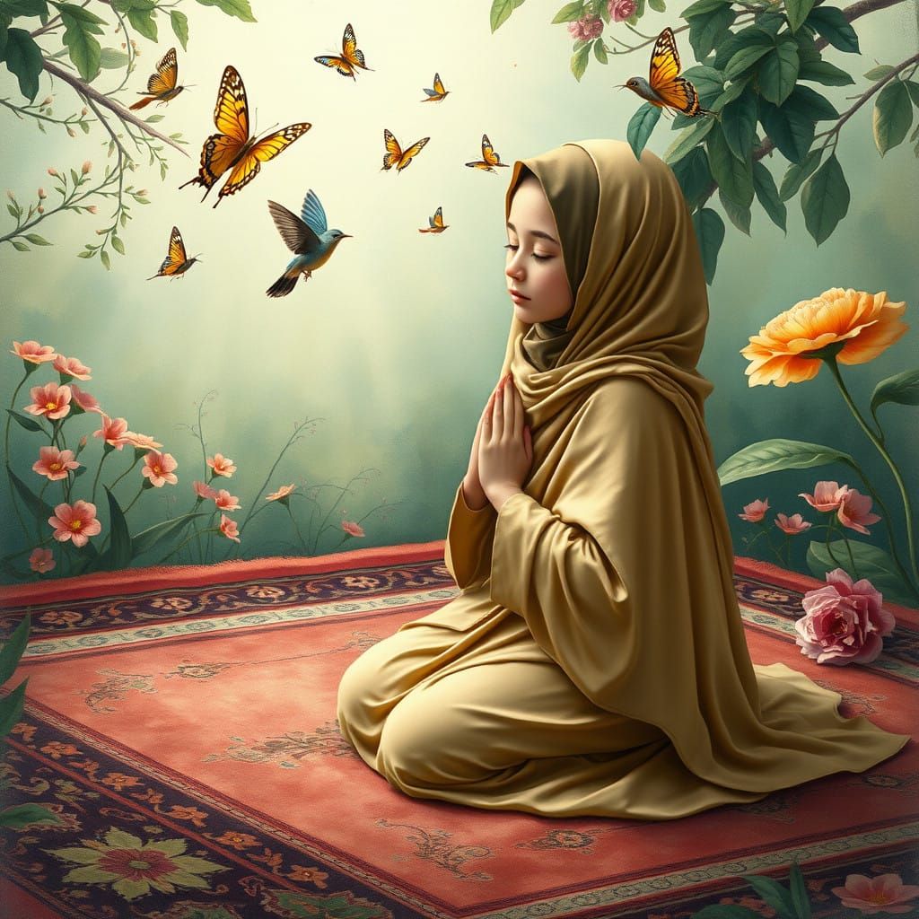 Young Muslim Girl in Serene Dreamlike Scene, Gouache Paintin...