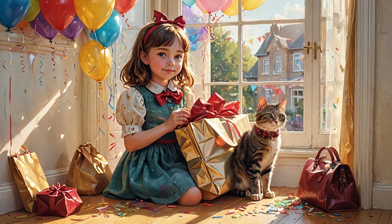 Girl and Cat Celebrate Birthday in Oil Painting Style