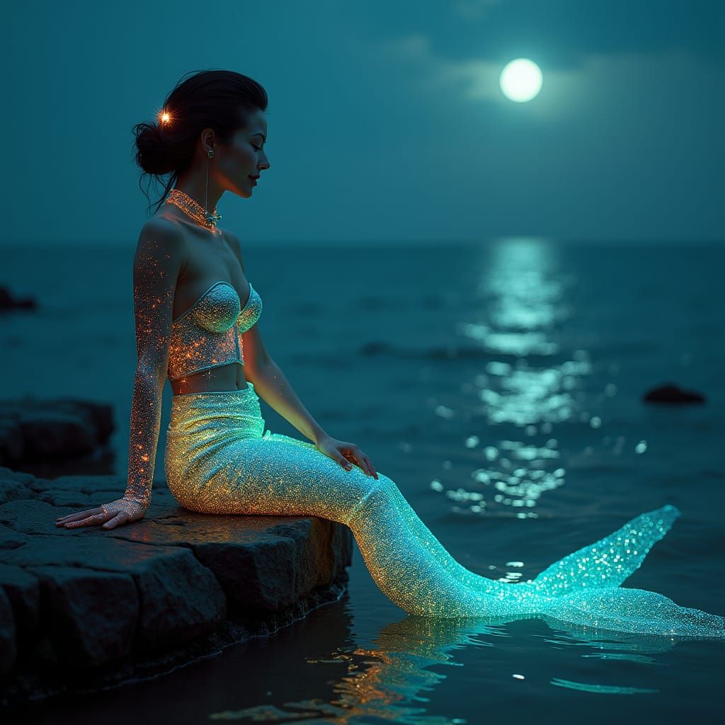 Cyber Mermaid in Moonlit Tranquility
