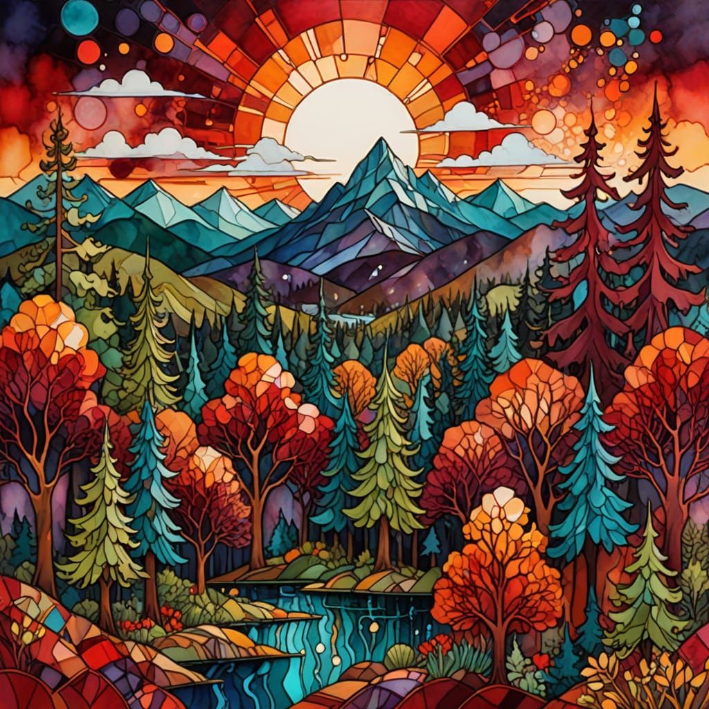 Abstract Forest Sunrise in Art Deco Style