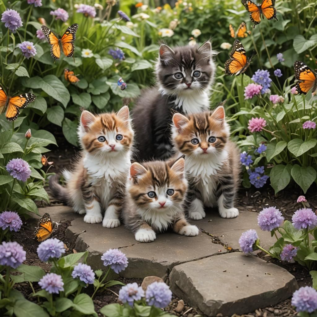 Kittens Playing with Butterflies in Sunny Garden