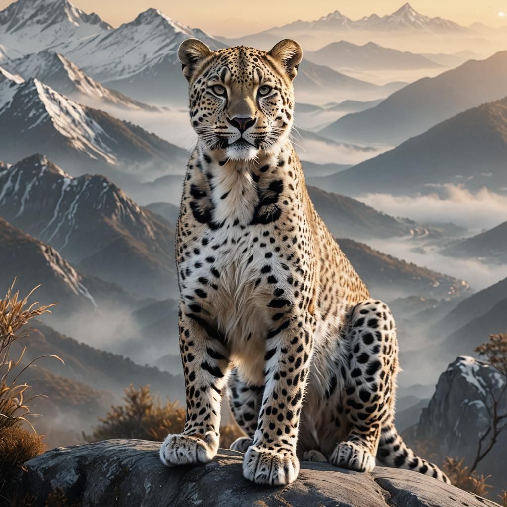 White Leopard on Misty Mountain Peak