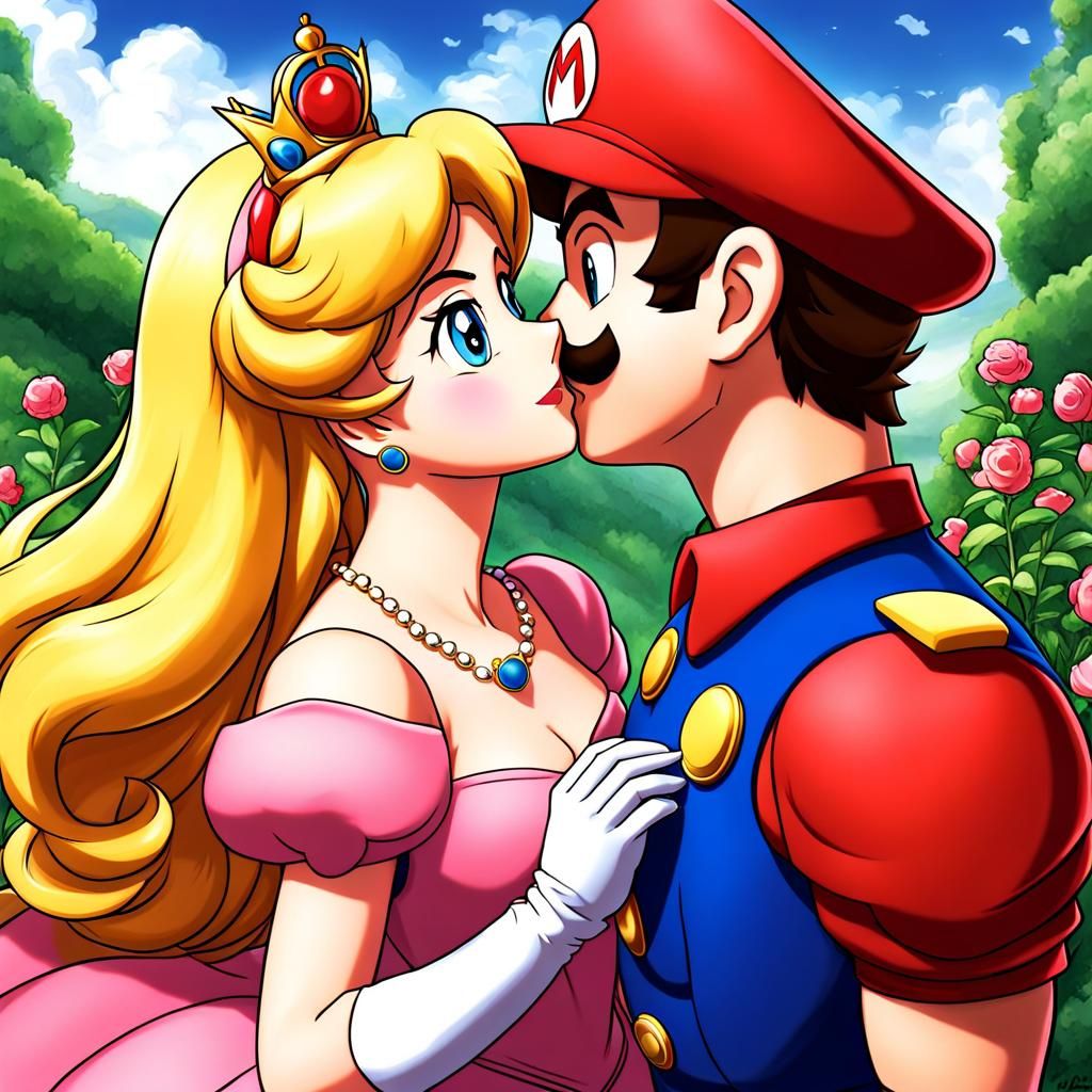 Princess Peach and Mario Kissing in Anime Style