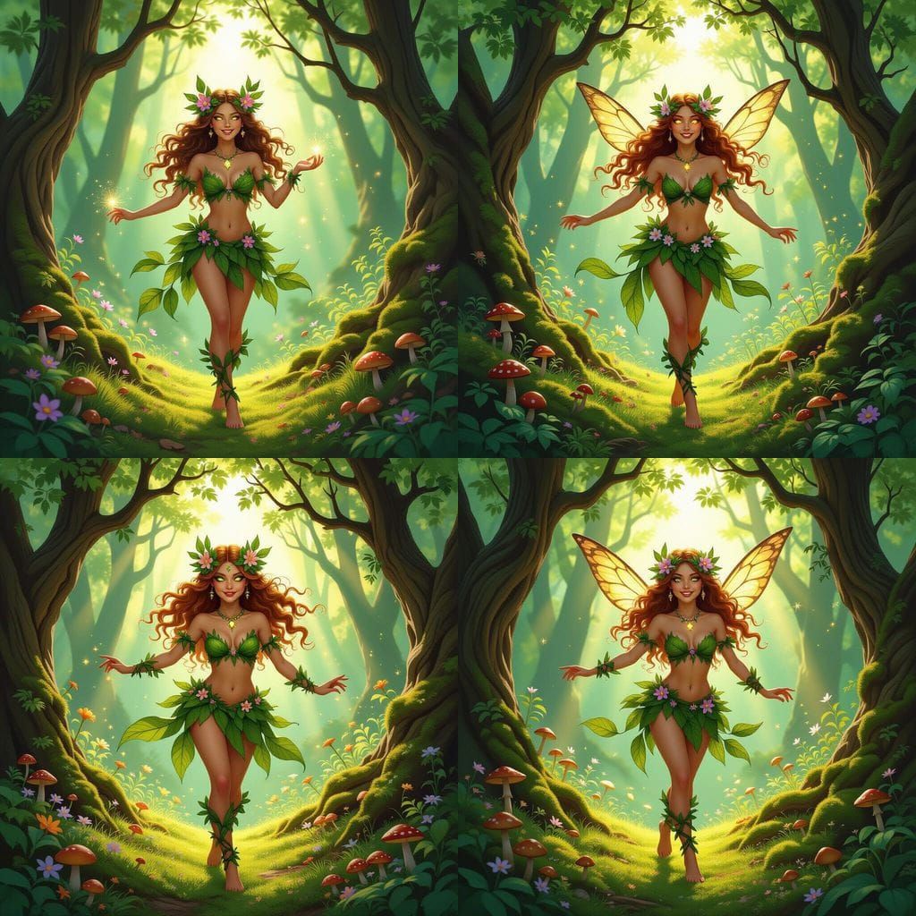 Forest Sprite Dances in Sunlit Glade, Art Nouveau Style