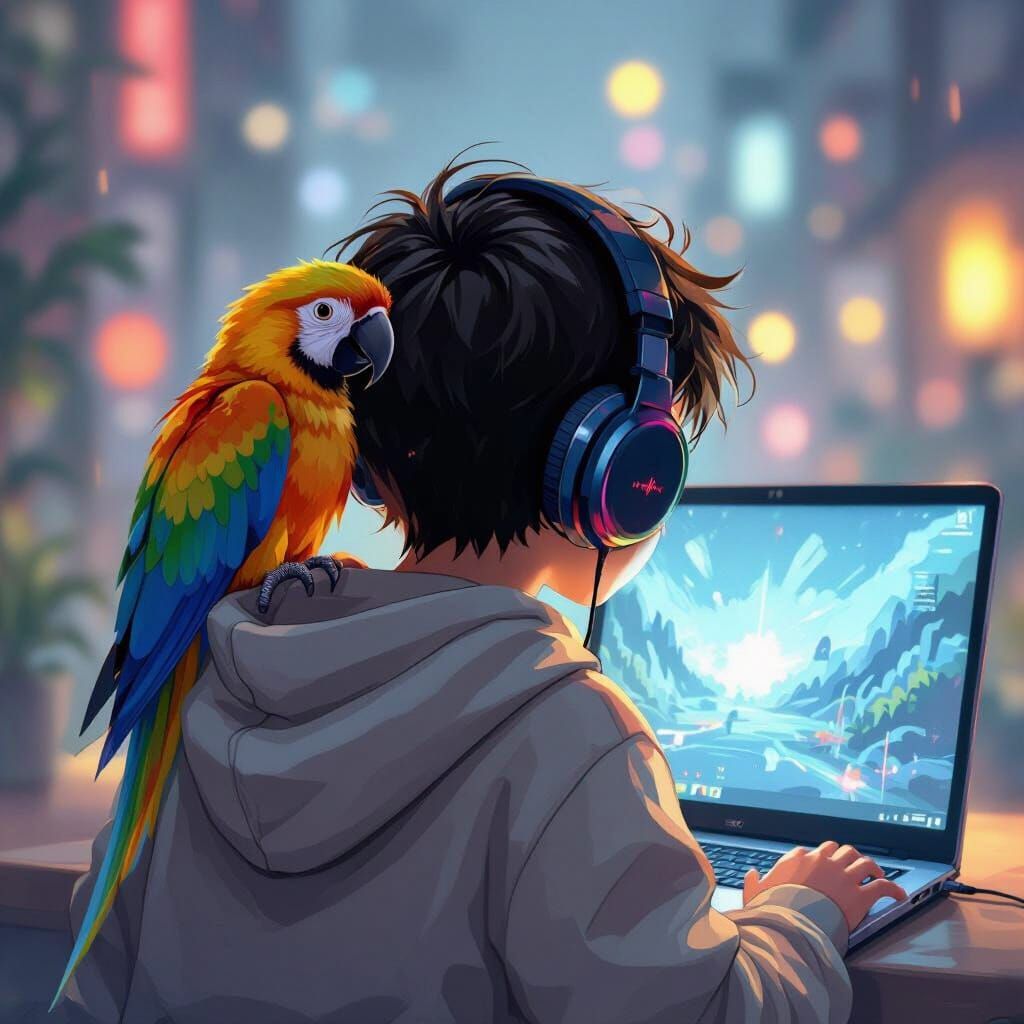 Anime Style Boy Gaming with Parrot on Shoulder