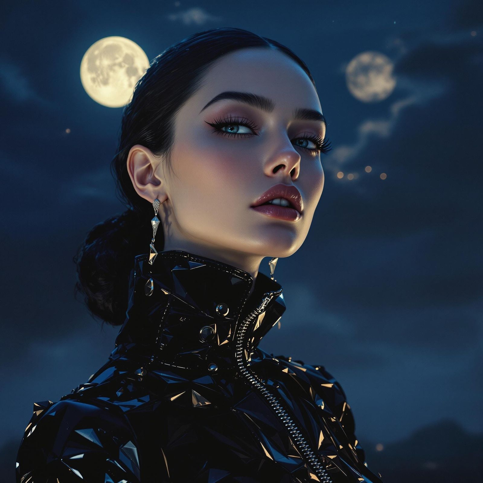 Woman in Leather Top Under Moonlight, Ultra-Realistic Style