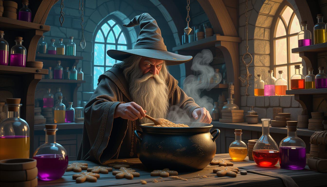 Scared Wizard Baking Gingerbread in Alchemist Lab