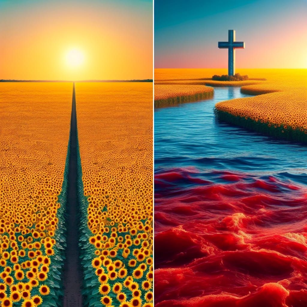 Surreal Sunflower Field with Blood Red Sea