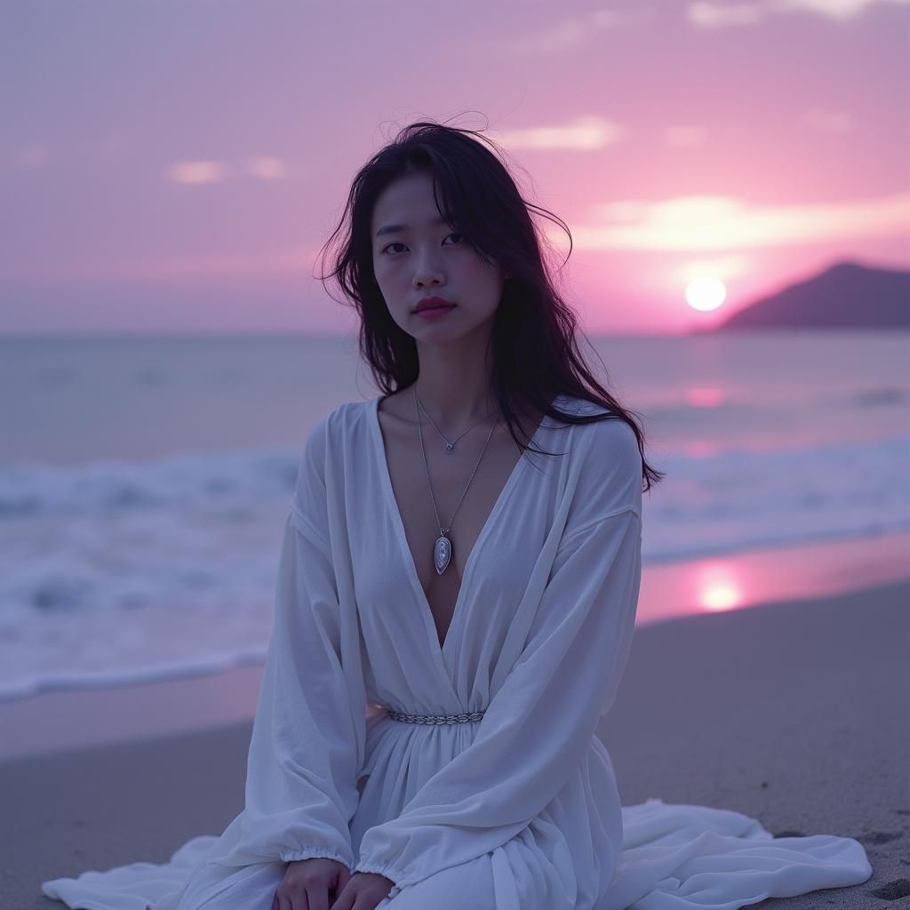 Lost Girl on Beach with Aurora, Cinematic Still